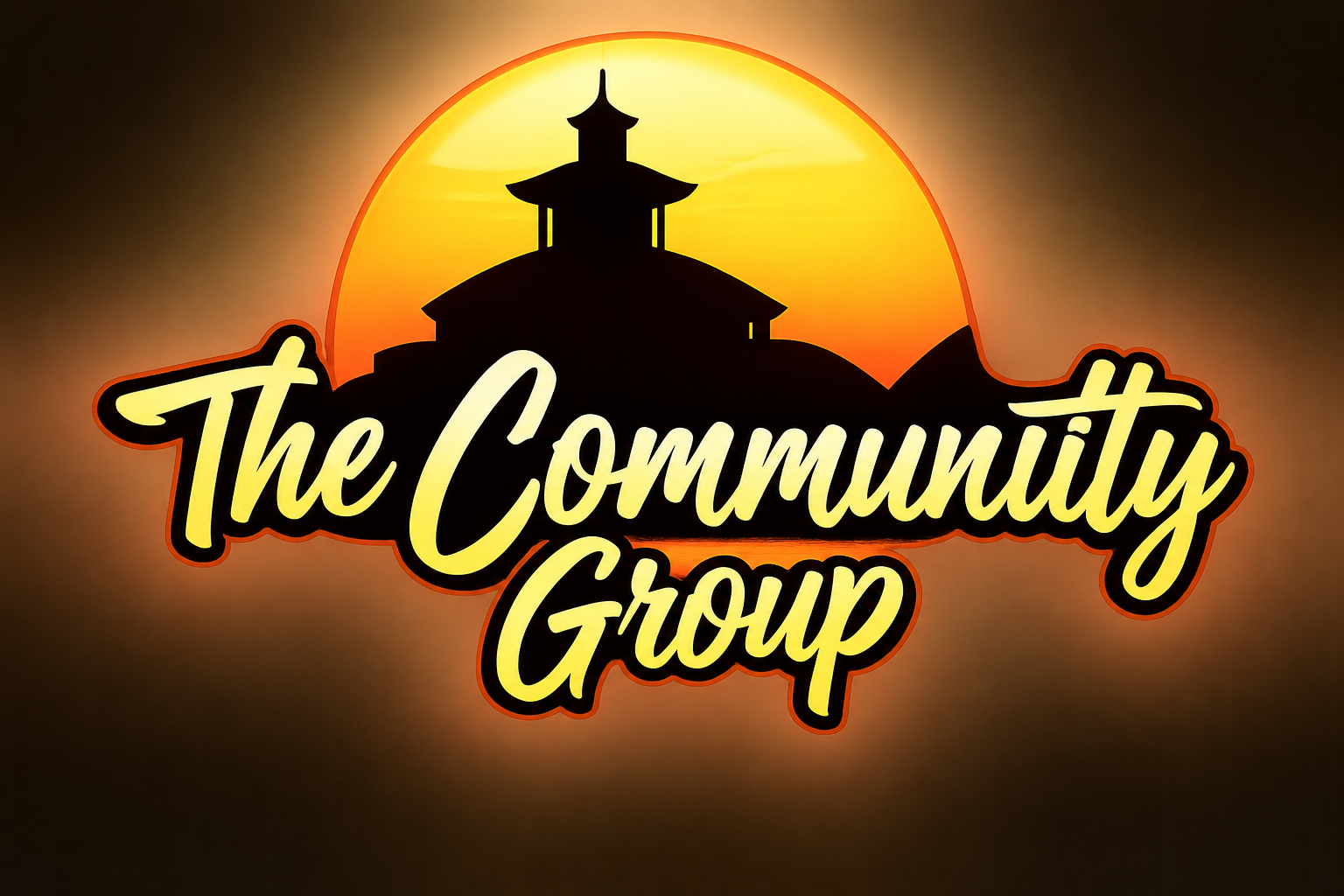 The Community Group logo with a pavilion silhouette against a glowing sunset.